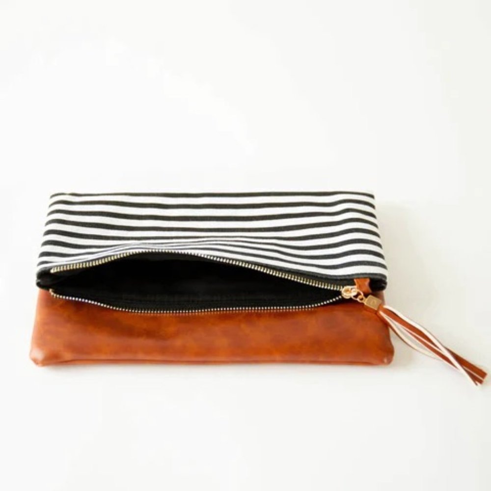 NWT | Foldover Clutch Soft Faux Leather & Black/White Stripe | Tassel | Gold - Picture 2 of 5